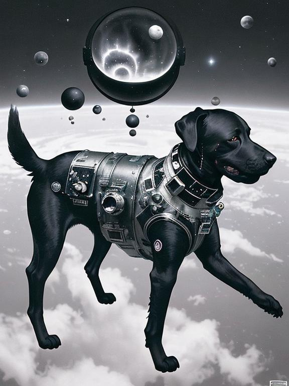 Prompt: Surrealism black dogs in astronaut outfits in space, abstract art style, eerie atmosphere, floating celestial bodies, mysterious nebulae, monochromatic palette, dreamlike, surreal, high contrast, otherworldly, abstract, space, astronaut, eerie atmosphere, celestial bodies, monochromatic, dreamlike, surreal, high contrast, mysterious, nebulae, dogs