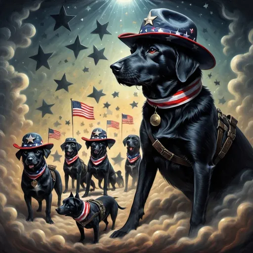 Prompt: Surreal, abstract art of black dogs in patriotic soldier outfits, cowboy hat, high contrast, dreamlike, otherworldly, fun atmosphere, mysterious, professional art, abstract, highres, vibrant colors, atmospheric lighting, USA, surreal style, vibrant, high-quality