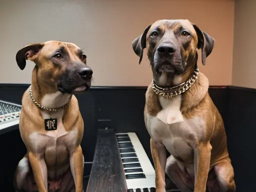 Prompt: black mountain cur dogs rap album dressed as gangsters in recording studio