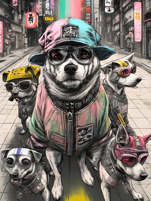 Prompt: pop art chalk pastel art of detailed dogs wearing gangster clothes playing in the streets in cyberpunk japan during a festival, sketch, detailed background, highres, fun atmosphere, natural lighting,  abstract, fun