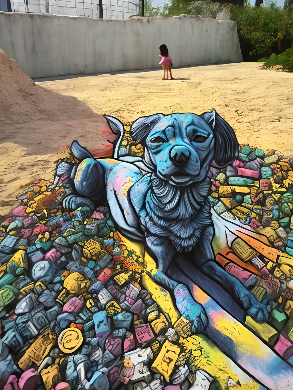 Prompt: pop art chalk pastel art of detailed dog as the sphinx in toyko, sketch, detailed background, highres, fun atmosphere, natural lighting,  abstract, fun