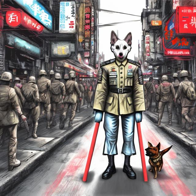 Prompt: pop art chalk pastel art of detailed dog wearing military uniforms<mymodel> playing in the streets in cyberpunk japan during a festival, sketch, detailed background, highres, fun atmosphere, natural lighting,  abstract, fun