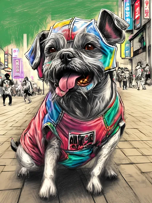 Prompt: pop art chalk pastel art of detailed dogs wearing gangster clothes playing in the streets in japan during a festival, sketch, detailed background, highres, fun atmosphere, natural lighting,  abstract, fun