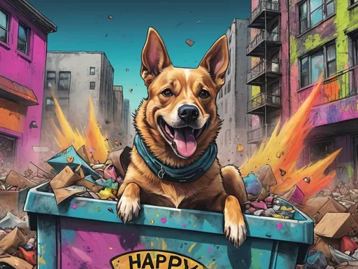 Prompt: Detailed happy dog dumpster diving during a festival, sketch, pop art chalk pastel, detailed post-apocalyptic city background, grunge, highres, abstract, natural lighting, lively atmosphere, fun, detailed dogs, colorful, chaotic, vibrant, happy-go-lucky