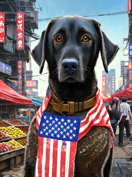 Prompt: a detailed mountain cur black dog wearing usa clothes at a city market in cyberpunk japan, pop art chalk pastel, detailed background, high res, fun