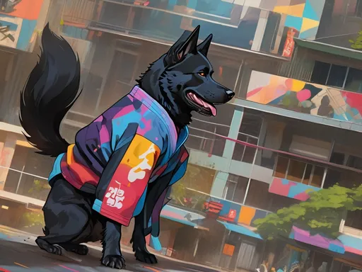 Prompt: black dog wearing ninja clothes having fun in the streets with a battle in the background, dogs, abstract art, Screen print, splash screen art, triadic colors, digital art, 8k resolution trending on Artstation, golden ratio, akira, symmetrical, rule of thirds, geometric bauhaus, Studio Ghibli, Anime Key Visual, by Makoto Shinkai, Deep Color, Intricate, 8k resolution concept art, Natural Lighting, Beautiful Composition