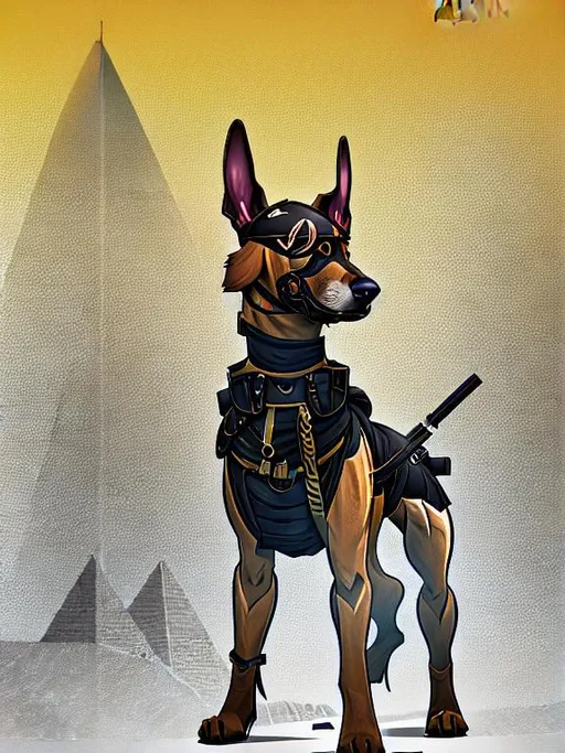 Prompt: black mountain cur dog in military gear in egypt 90s poster