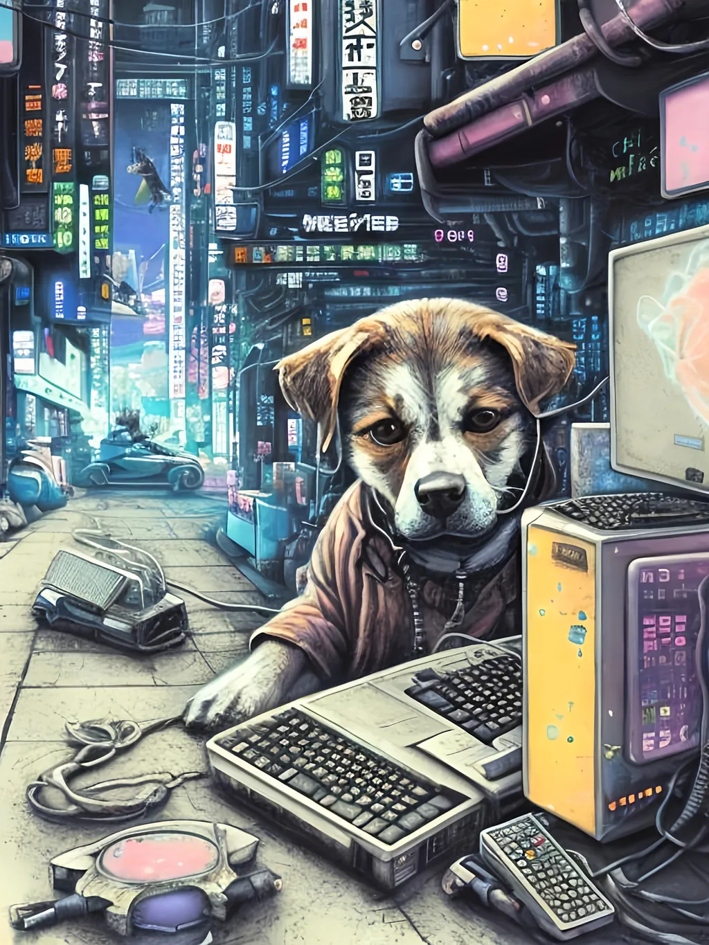 Prompt: chalk pastel art of a detailed dog hacking a computer on the streets in cyberpunk japan with planes in the background, sketch, detailed background, highres, fun atmosphere, natural lighting,  abstract, fun