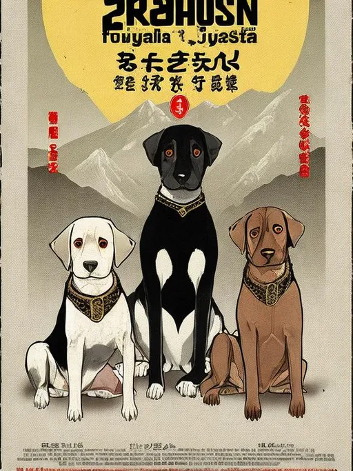 Prompt: black mountain cur dogs in yakuza outfit 90s poster