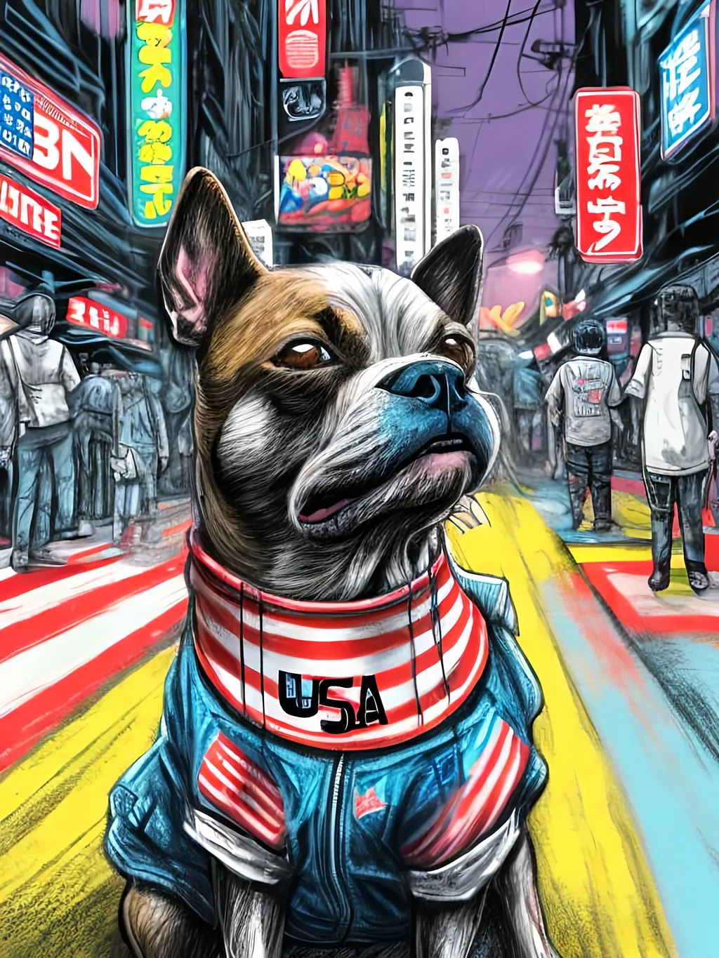 Prompt: pop art chalk pastel art of detailed dog wearing USA clothes playing in the streets in cyberpunk japan during a festival, sketch, detailed background, highres, fun atmosphere, natural lighting,  abstract, fun