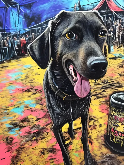 Prompt: Detailed mountain cur all black dog at a circus, festival, pop art chalk pastel, grunge, highres, abstract, natural lighting, lively atmosphere, fun, vibrant, happy-go-lucky, detailed dogs, detailed eyes, detailed fur, festive, flying, post-apocalyptic, Japan, chalk pastel, detailed background, grunge style, abstract art, high quality, natural lighting