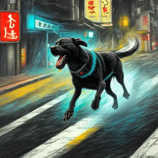 Prompt: chalk pastel art of a black dog wearing  clothes chasing a chicken in the streets in japan, sketch, detailed background, highres, fun atmosphere, natural lighting, pastel colors, abstract, fun