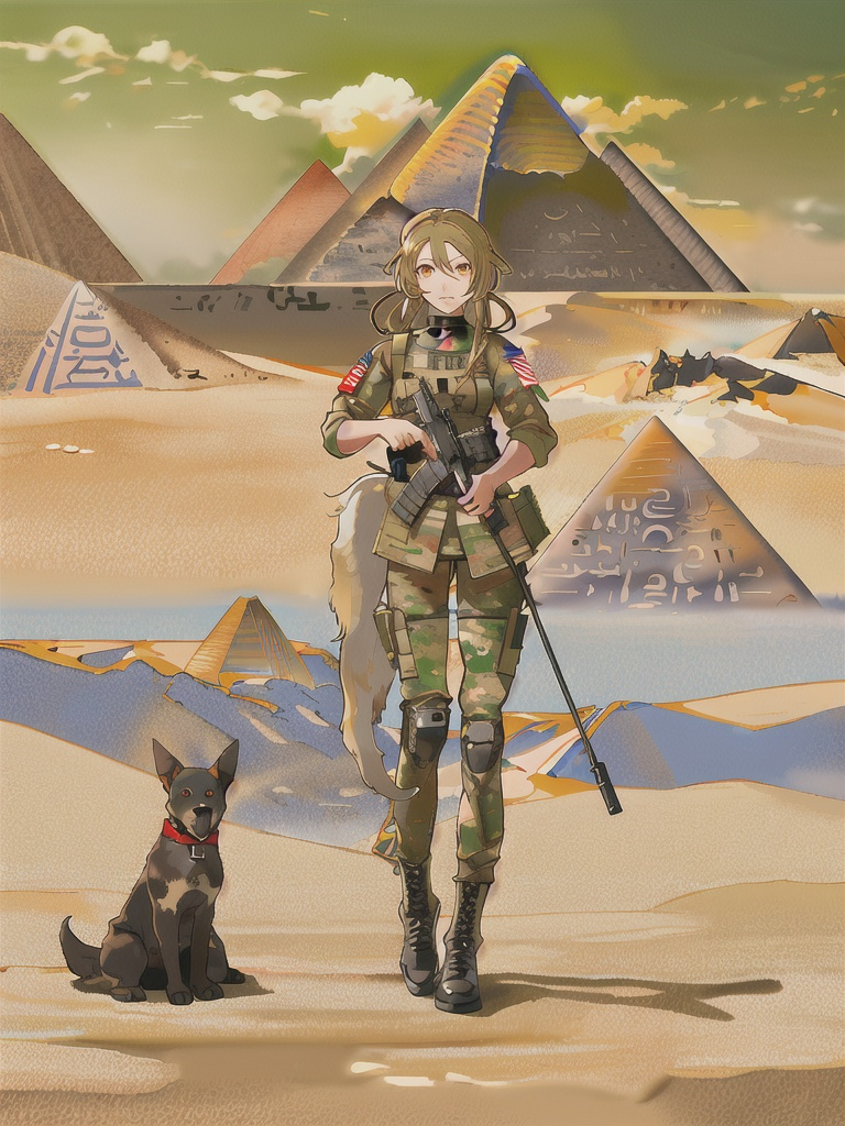 Prompt: black mountain cur dog in military gear in egypt