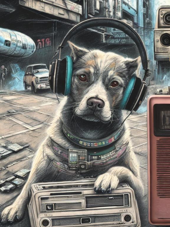 Prompt: chalk pastel art of a detailed dog listening to music on a tape player on the streets in post-apocalyptic Japan during a festival with planes in the background, sketch, detailed background, highres, fun atmosphere, natural lighting,  abstract, fun