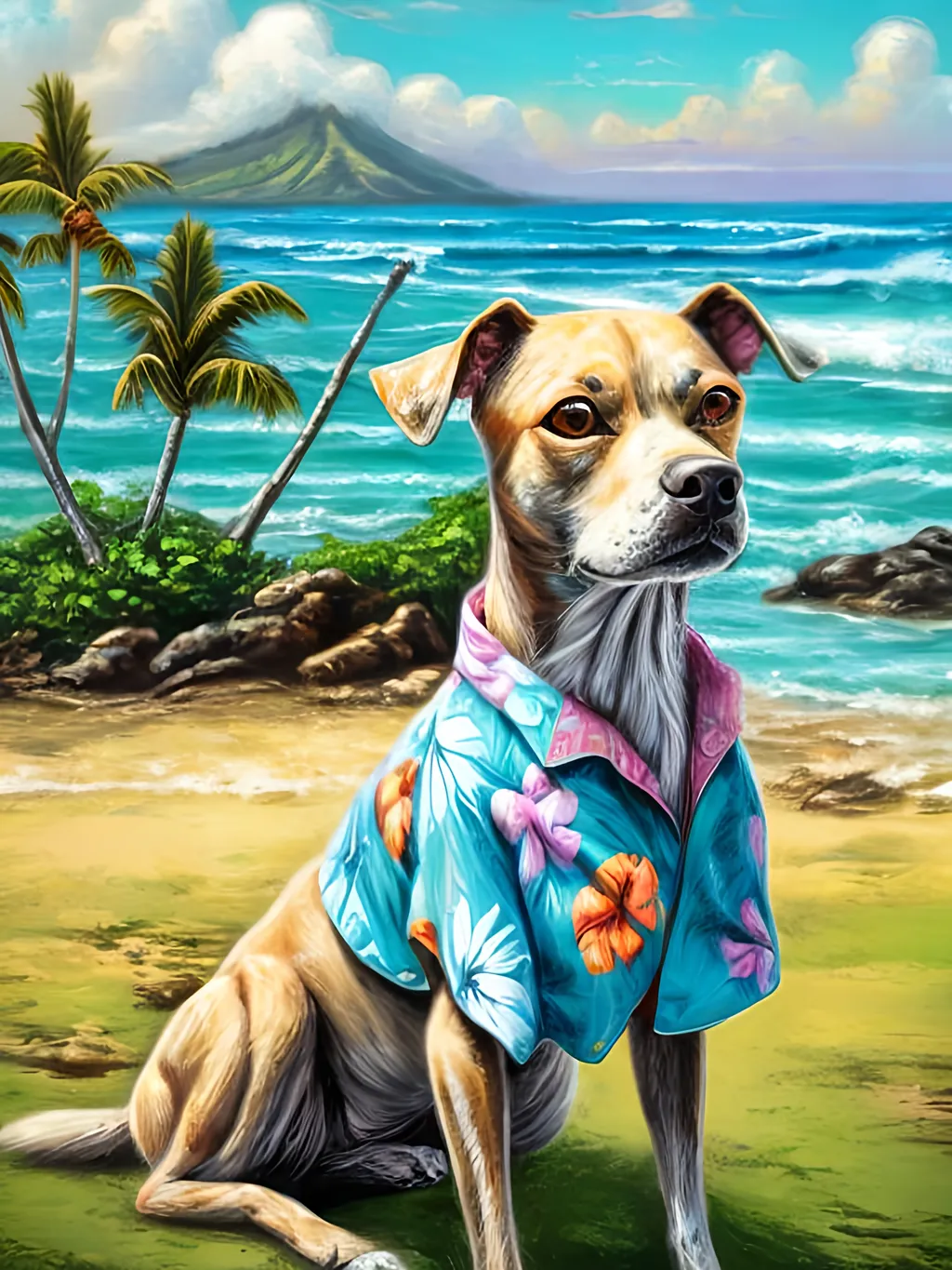 Prompt: chalk pastel style of a  detailed dog in a Hawaiian shirt in Jamaica, sketch, detailed background, highres, fun atmosphere, natural lighting,  abstract, fun