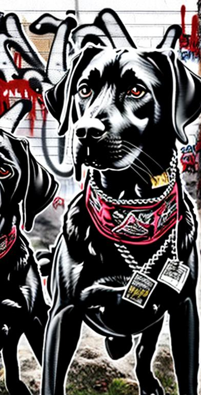 Prompt: mountain cur black dogs in gangster rappers clothing graffiti