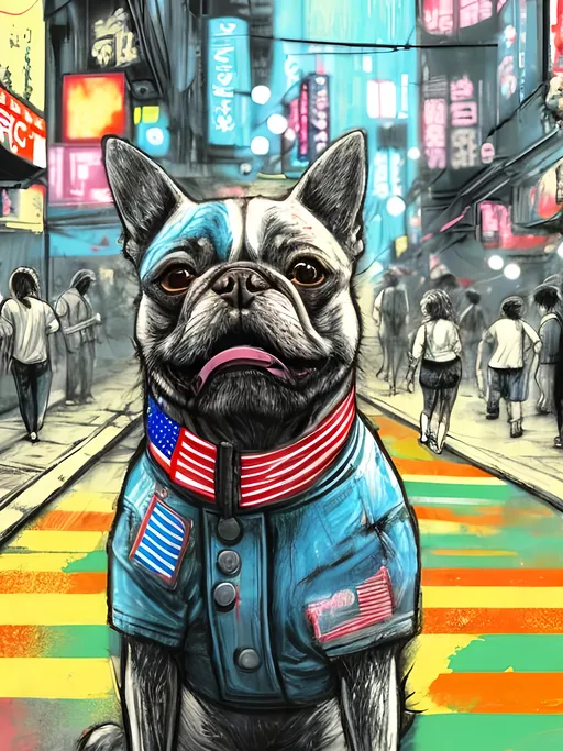 Prompt: pop art chalk pastel art of detailed dog wearing USA clothes playing in the streets in cyberpunk japan during a festival, sketch, detailed background, highres, fun atmosphere, natural lighting,  abstract, fun