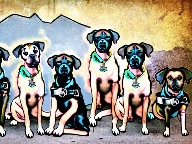 Prompt: mountain cur black dogs in gangster rappers clothing graffiti