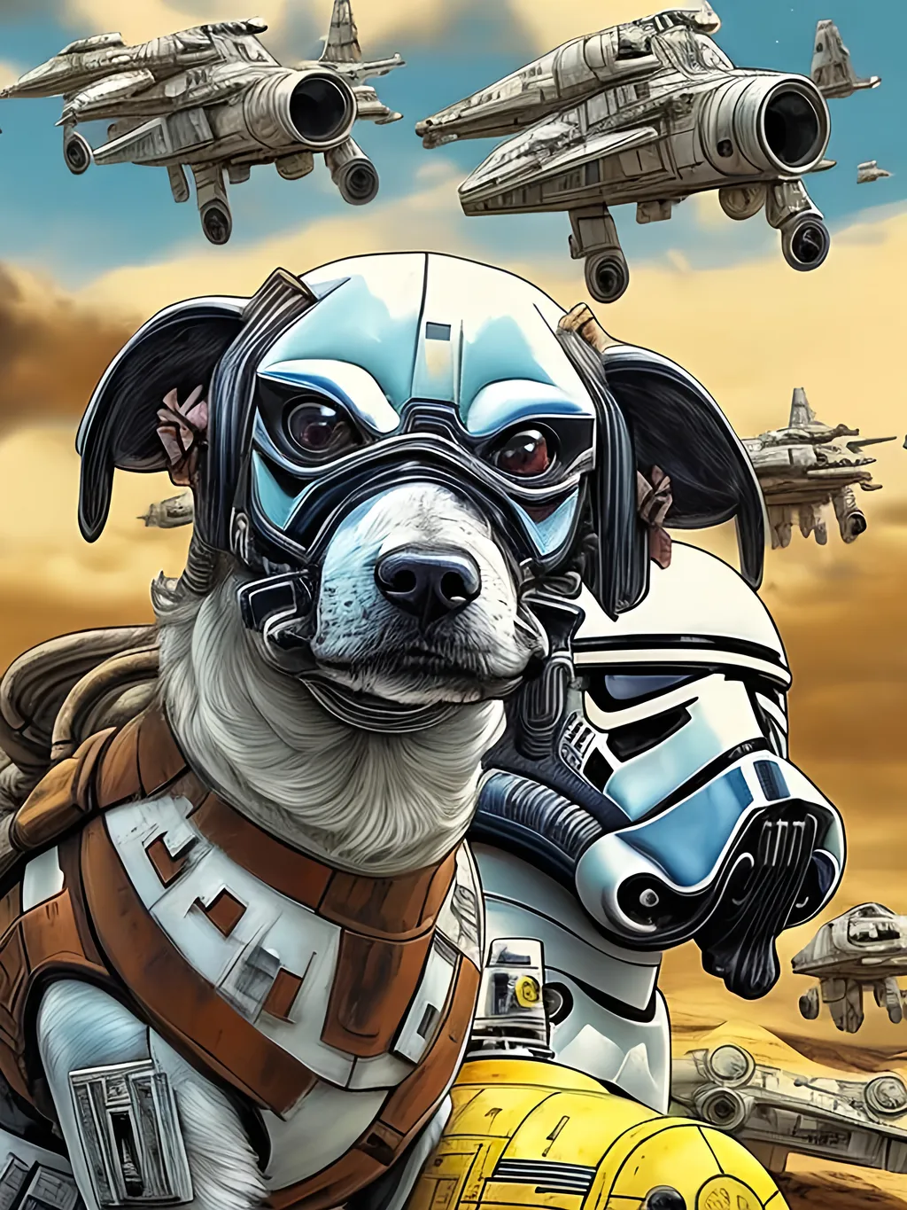 Prompt: pop art chalk pastel style art of detailed dog in star wars with pod racers, sketch, detailed background, highres, fun atmosphere, natural lighting,  abstract, fun