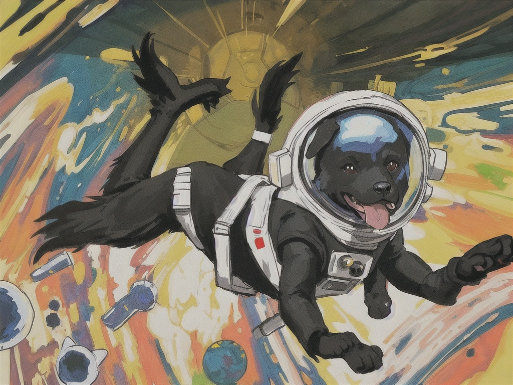 Prompt: abstract style art of black dogs in space in astronaut outfits