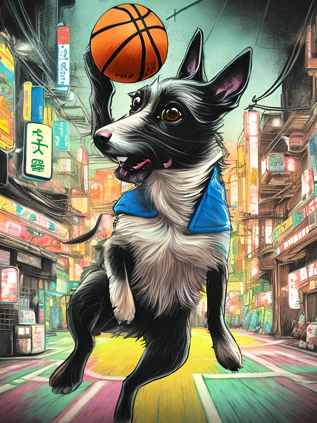 Prompt: pop art chalk pastel art of detailed dog playing basket ball game in cyberpunk japan, sketch, detailed background, highres, fun atmosphere, natural lighting,  abstract, fun