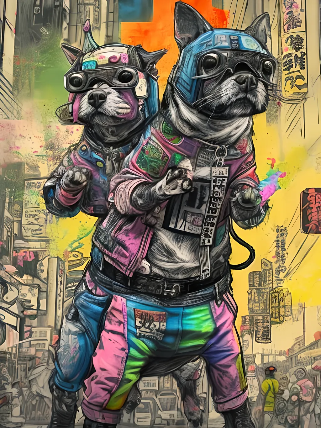 Prompt: pop art chalk pastel art of detailed dogs wearing gangster clothes playing in the streets in cyberpunk japan during a festival, sketch, detailed background, highres, fun atmosphere, natural lighting,  abstract, fun