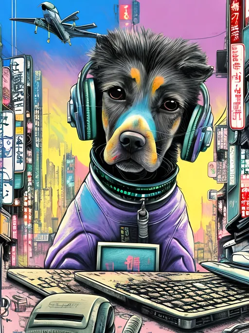 Prompt: pop art chalk pastel art of a detailed dog hacking a computer on the streets in cyberpunk japan with planes in the background, sketch, detailed background, highres, fun atmosphere, natural lighting,  abstract, fun