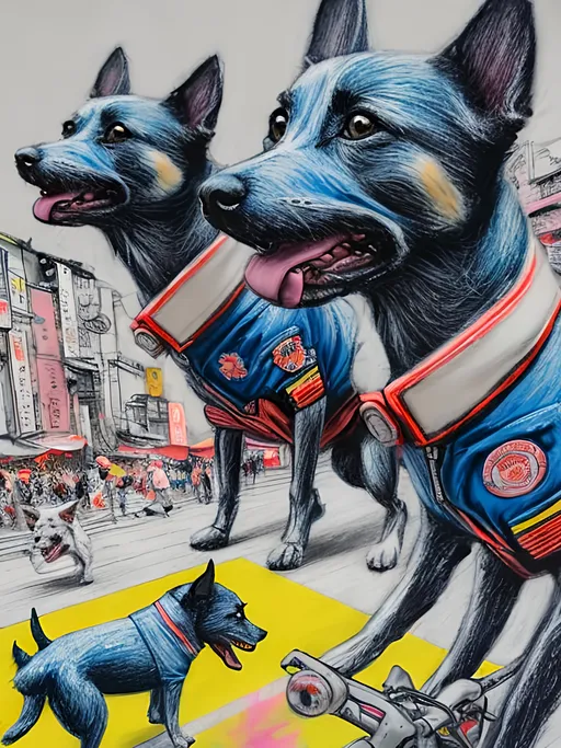 Prompt: pop art chalk pastel art of detailed dogs wearing pilot uniforms playing in the streets in japan during a festival, sketch, detailed background, highres, fun atmosphere, natural lighting,  abstract, fun