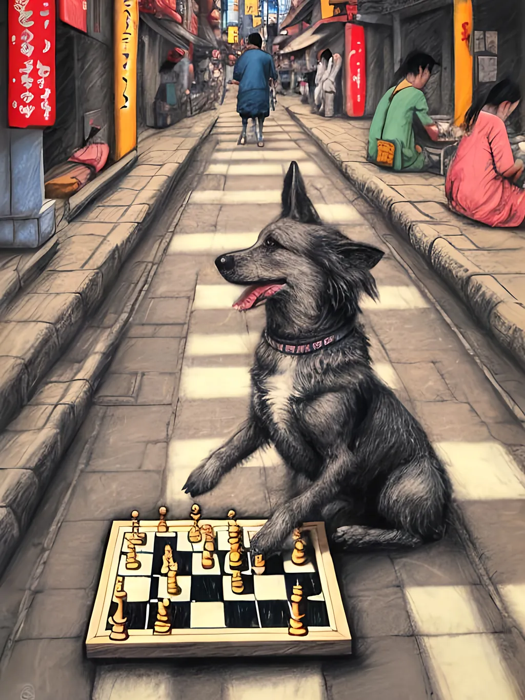 Prompt: pop art chalk pastel art of detailed dog playing chess in the streets in Japan during a festival, sketch, detailed background, highres, fun atmosphere, natural lighting,  abstract, fun