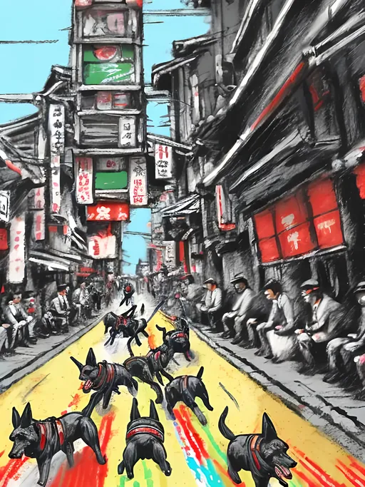 Prompt: pop art chalk pastel art of detailed dogs wearing pilot uniforms playing in the streets in japan during a festival, sketch, detailed background, highres, fun atmosphere, natural lighting,  abstract, fun