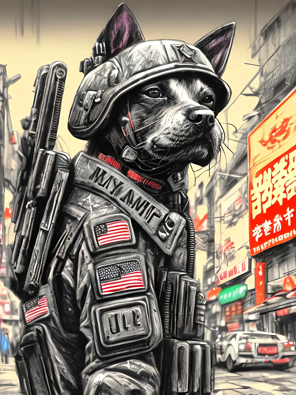 Prompt: pop art chalk pastel art of detailed dog wearing military uniforms<mymodel> playing in the streets in cyberpunk japan during a festival, sketch, detailed background, highres, fun atmosphere, natural lighting,  abstract, fun