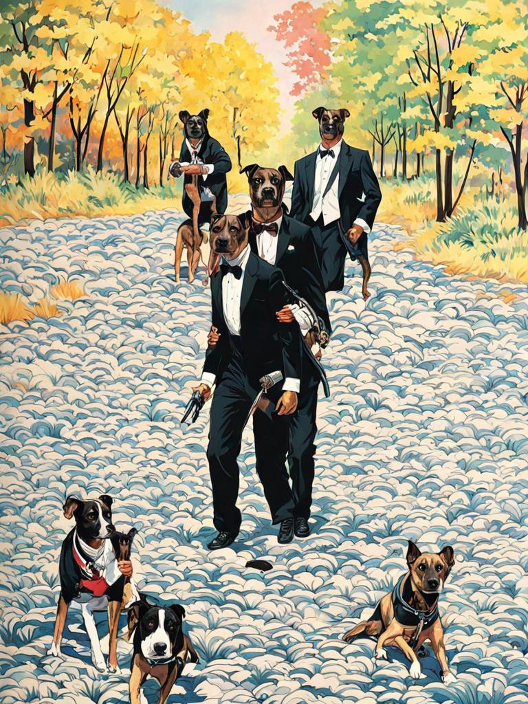 Prompt: black mountain cur dogs in yakuza outfit 90s poster