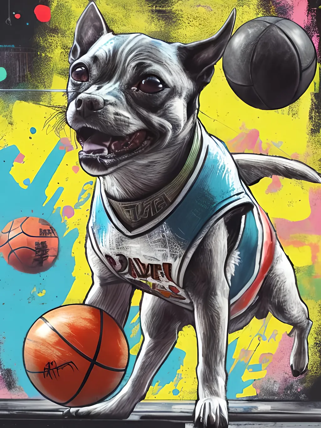 Prompt: pop art chalk pastel art of detailed dog playing basket ball game in cyberpunk japan, sketch, detailed background, highres, fun atmosphere, natural lighting,  abstract, fun