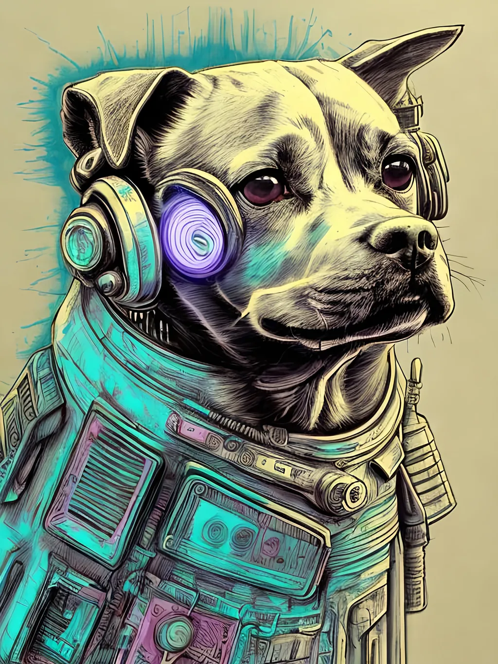 Prompt: pop art chalk pastel style of a  detailed dog in a cyberpunk spaceship, sketch, detailed background, highres, fun atmosphere, natural lighting,  abstract, fun