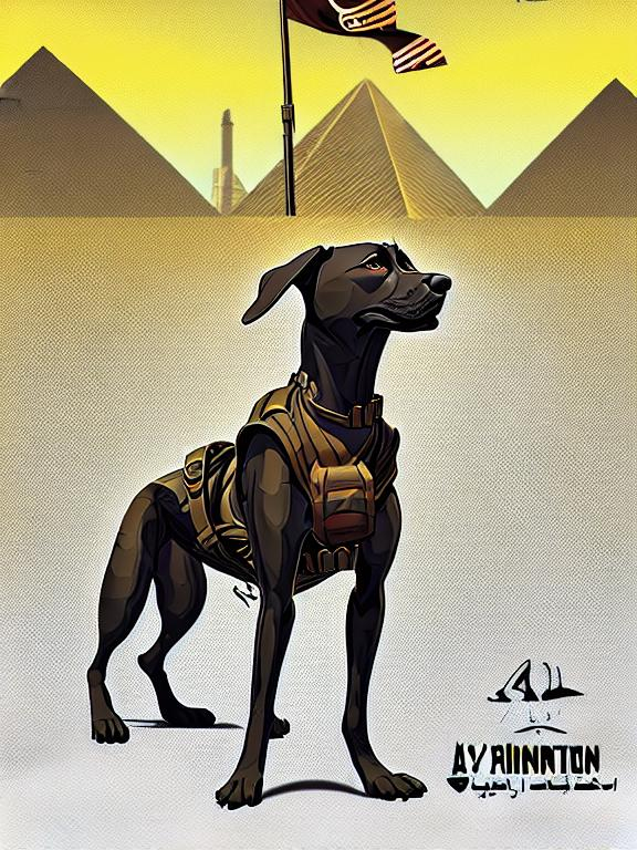 Prompt: black mountain cur dog in military gear in egypt 90s poster