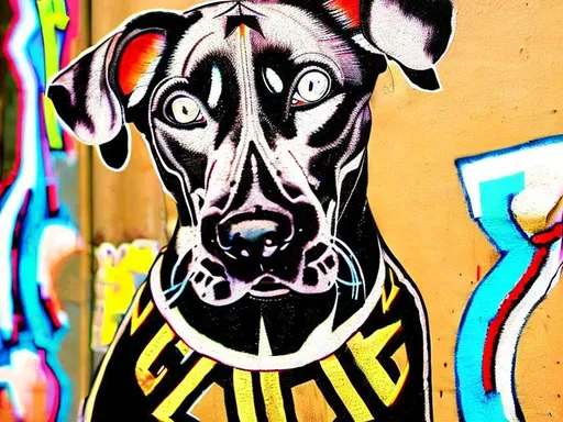 Prompt: mountain cur black dogs in gangster rappers clothing graffiti