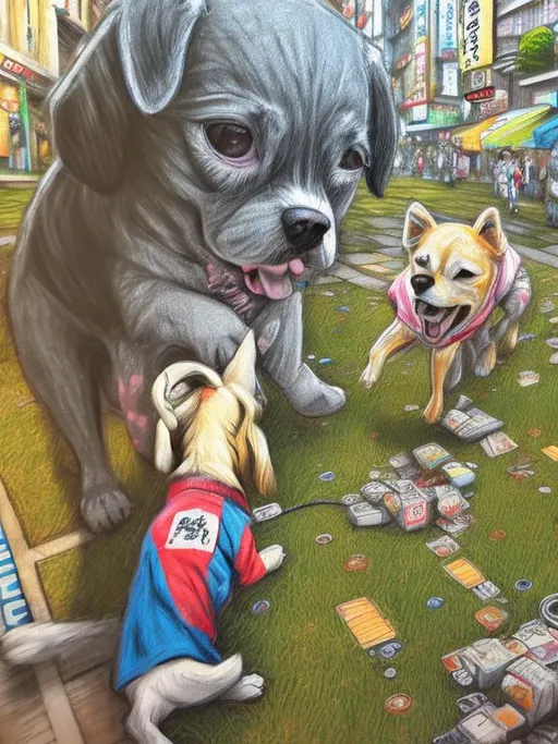 Prompt: pop art chalk pastel art of detailed dogs wearing clothes playing in the streets in japan during a festival, sketch, detailed background, highres, fun atmosphere, natural lighting,  abstract, fun