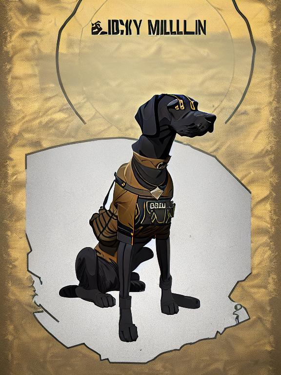 Prompt: black mountain cur dog in military gear in egypt 90s poster