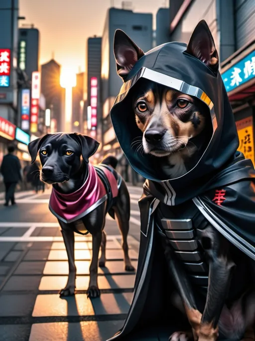 Prompt: mountain cur black dog in japanese cyberpunk city with sun set in a cape and in ninja gear and half korean female