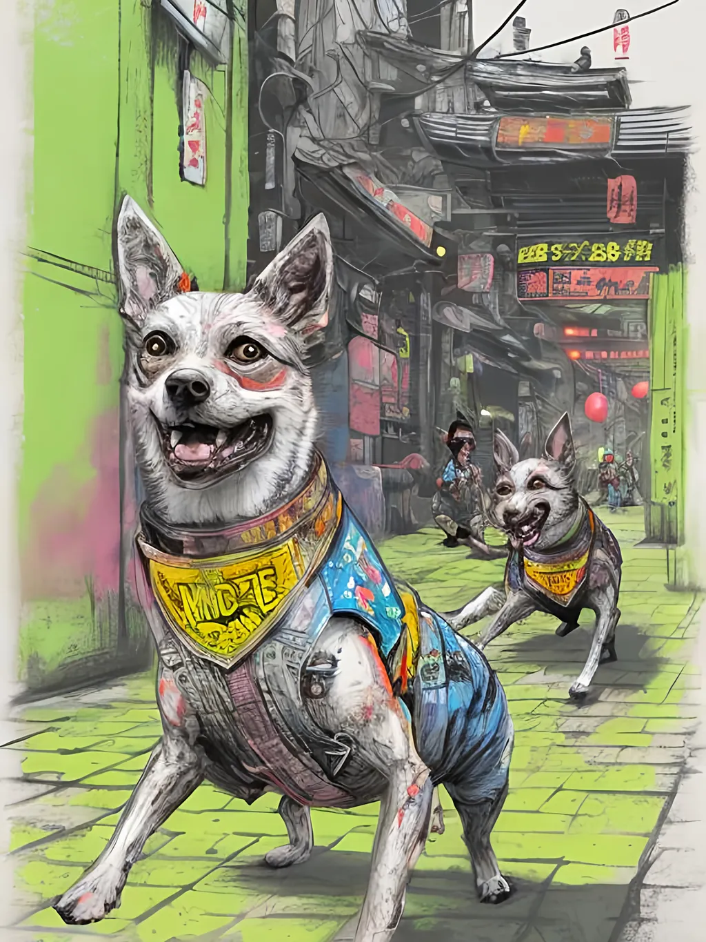 Prompt: pop art chalk pastel art of detailed dogs wearing ninja clothes playing in the streets in cyberpunk japan during a festival, sketch, detailed background, highres, fun atmosphere, natural lighting,  abstract, fun