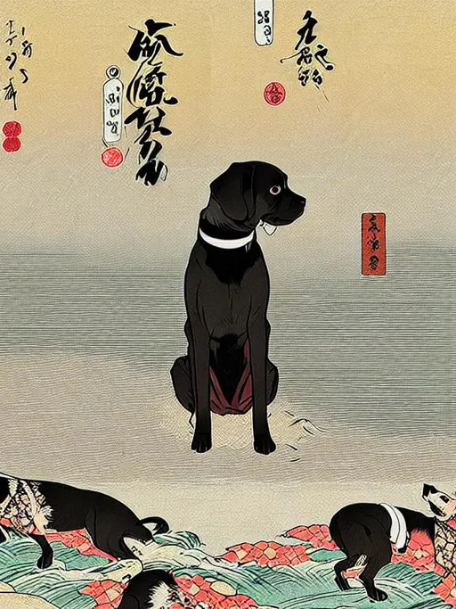 Prompt: black mountain cur dogs pooping in hiroshige wave 