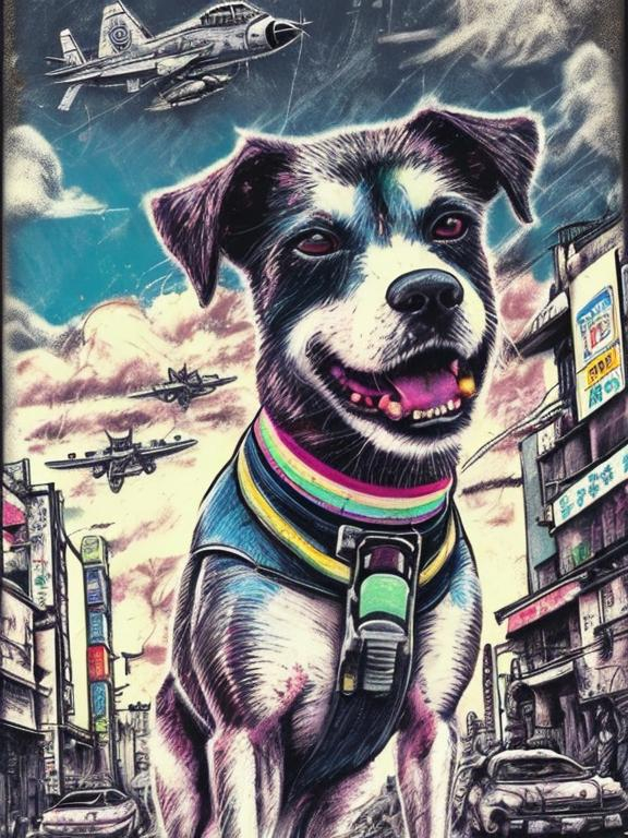 Prompt: pop art chalk pastel art of a detailed dog with a polaroid camera on the streets in post-apocalyptic Japan during a festival with planes in the background, sketch, detailed background, highres, fun atmosphere, natural lighting,  abstract, fun