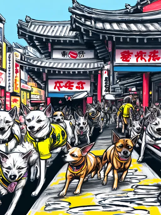 Prompt: pop art chalk pastel art of detailed dogs wearing pilot uniforms playing in the streets in japan during a festival, sketch, detailed background, highres, fun atmosphere, natural lighting,  abstract, fun