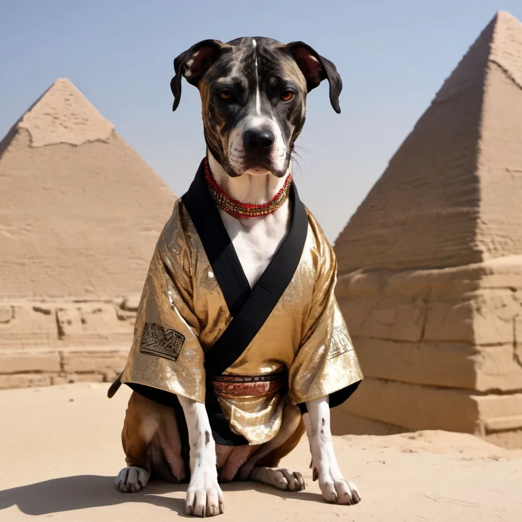 Prompt: black mountain cur dog dressed as yakuza in egypt