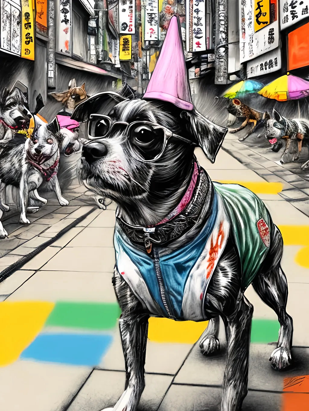 Prompt: pop art chalk pastel art of detailed dogs wearing gangster clothes playing in the streets in japan during a festival, sketch, detailed background, highres, fun atmosphere, natural lighting,  abstract, fun