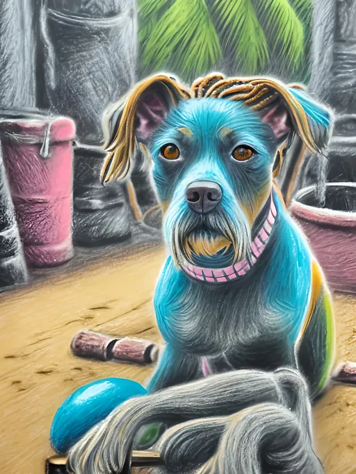 Prompt: chalk pastel style of a  detailed dog getting its hair braided in Jamaica, sketch, detailed background, highres, fun atmosphere, natural lighting,  abstract, fun