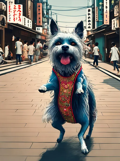 Prompt: chalk pastel style of a detailed dog dancing in the streets in japan during a festival, sketch, detailed background, highres, fun atmosphere, natural lighting,  abstract, fun