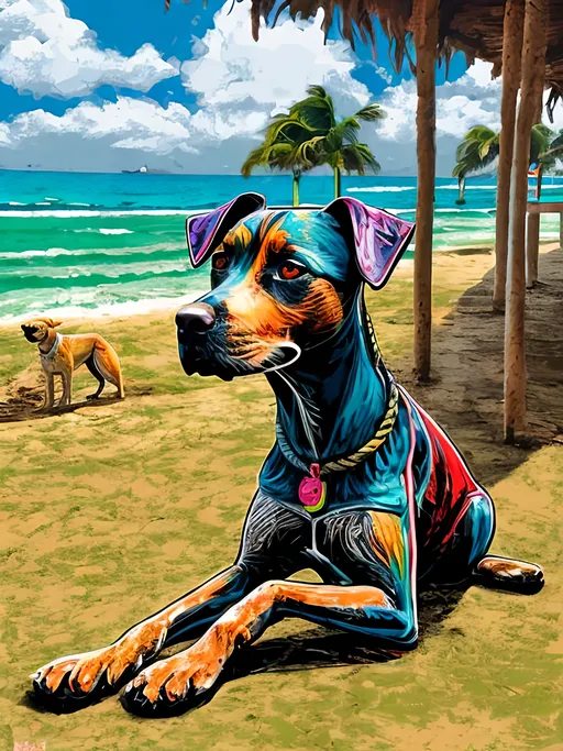 Prompt: pop art chalk pastel style of a  detailed dog getting its hair braided in Jamaica, sketch, detailed background, highres, fun atmosphere, natural lighting,  abstract, fun