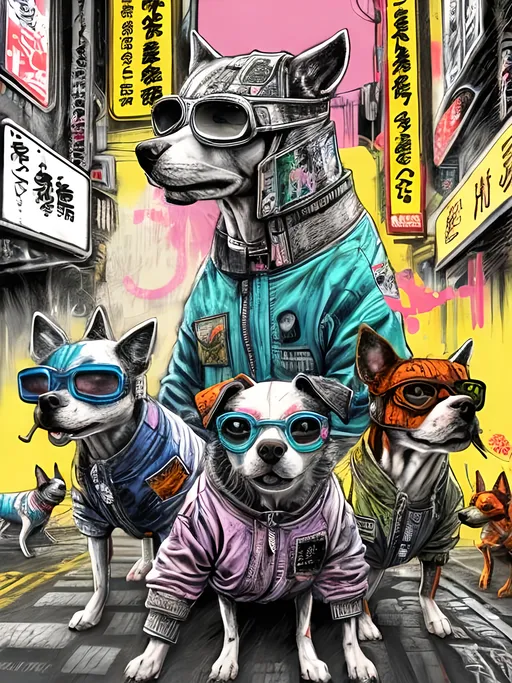 Prompt: pop art chalk pastel art of detailed dogs wearing gangster clothes playing in the streets in cyberpunk japan during a festival, sketch, detailed background, highres, fun atmosphere, natural lighting,  abstract, fun