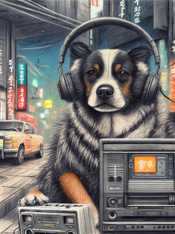 Prompt: chalk pastel art of a detailed dog listening to music on a tape player on the streets in post-apocalyptic Japan during a festival with planes in the background, sketch, detailed background, highres, fun atmosphere, natural lighting,  abstract, fun